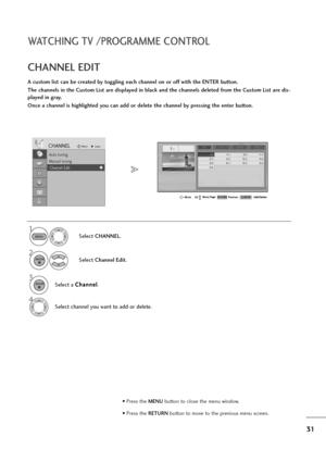 Page 3231
WATCHING TV /PROGRAMME CONTROL
A custom list can be created by toggling each channel on or off with the ENTER button. 
The channels in the Custom List are displayed in black and the channels deleted from the Custom List are dis-
played in gray. 
Once a channel is highlighted you can add or delete the channel by pressing the enter button.
CHANNEL EDIT 
Select CHANNEL.
2
Select Channel Edit.
3
Select a C Ch
ha
an
nn
ne
el
l
.
4
Select channel you want to add or delete.
1
MENU
ENTER
ENTER
• Press the...