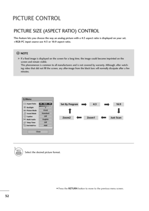 Page 3332
PICTURE CONTROL
This feature lets you choose the way an analog picture with a 4:3 aspect ratio is displayed on your set. 
 RGB-PC input source use 4:3 or 16:9 aspect ratio.
PICTURE SIZE (ASPECT RATIO) CONTROL
Q.Menu
3
F F16:9     G
G
Standard
Vivid
Off
English
Off
Add
Aspect Ratio
Backlight
Picture Mode
Sound Mode
Caption
Multi Audio
Sleep Timer
Del/Add/Fav
CH
Close
Just ScanZoom1Zoom2
Set By Program4:316:9
NOTE!
G GIf a fixed image is displayed on the screen for a long time, the image could become...