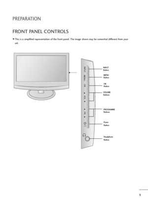 Page 21
PREPARATION
FRONT PANEL CONTROLS
This is a simplified representation of the front panel. The image shown may be somewhat different from your
set.
INPUT
MENUVOL
PR
OK
PROGRAMME
Buttons VOLUME
ButtonsMENU
Button
OK
Button INPUT
Button
Power
Button
Headphone
Button
:ownloadedhfromh]anual]onitor-comh]anuals 