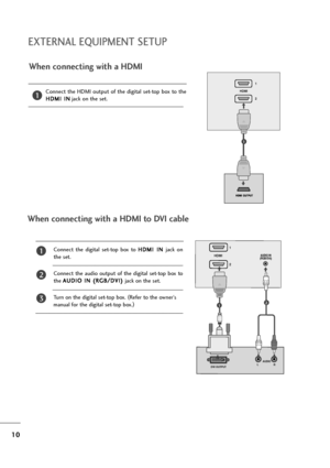 Page 1110
EXTERNAL EQUIPMENT SETUP
When connecting with a HDMI
Connect  the  HDMI  output  of  the  digital  set-top  box  to  the
H HD
DM
MI
I 
 I
IN
N
jack on the set.1
Connect  the  digital  set-top  box  to H HD
DM
MI
I 
 I
IN
N 
 
jack  on
the set.
Connect  the  audio  output  of  the  digital  set-top  box  to
the A AU
UD
DI
IO
O 
 I
IN
N 
 (
(R
RG
GB
B/
/D
DV
VI
I)
) 
 
jack on the set.
Turn on the digital set-top box. (
Refer to the owner’s
manual for the digital set-top box.)
2
3
1
When connecting with...