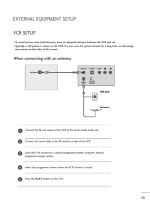 Page 1413
EXTERNAL EQUIPMENT SETUP
VCR SETUP
To avoid picture noise (interference), leave an adequate distance between the VCR and set.
Typically a still picture is shown on the VCR. If a user uses 4:3 picture format for a long time, an afterimage
may remain on the sides of the screen.
OUTPUT
SWITCH ANT IN
RS-VIDEO VIDEO
ANT OUTL
ANTENNA IN
AV 1 AV 2
Wall Jack
Antenna
1
2
When connecting with an antenna
Connect the RF out socket of the VCR to the aerial socket of the set.
Connect the aerial cable to the RF...