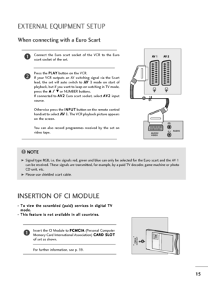 Page 1615
EXTERNAL EQUIPMENT SETUP
When connecting with a Euro Scart
Connect  the  Euro  scart  socket  of  the  VCR  to  the  Euro
scart socket of the set.
Press the P PL
LA
AY
Y
button on the VCR.
If  your  VCR  outputs  an  AV  switching  signal  via  the  Scart
lead,  the  set  will  auto  switch  to 
AV  1mode  on  start  of
playback, but if you want to keep on watching in TV mode,
press the 
D D/
/ 
 E
Eor NUMBER buttons.
If connected to A AV
V2
2 
 
Euro scart socket, select A AV
V2
2 
 
input
source....