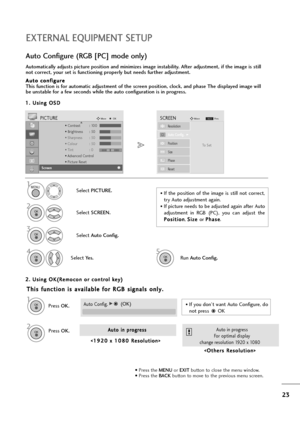 Page 2423
EXTERNAL EQUIPMENT SETUP
1
Automatically adjusts picture position and minimizes image instability. After adjustment, if the image is still
not correct, your set is functioning properly but needs further adjustment.
A Au
ut
to
o 
 c
co
on
nf
fi
ig
gu
ur
re
e
This function is for automatic adjustment of the screen position, clock, and phase The displayed image will
be unstable for a few seconds while the auto configuration is in progress.
Auto Configure (RGB [PC] mode only)
• Press the MENUor EXITbutton...