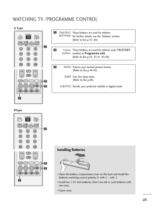 Page 2625
WATCHING TV /PROGRAMME CONTROL
Installing Batteries
Open the battery compartment cover on the back and install the
batteries matching correct polarity (
+ with +, - with -)
.
Install two 1.5V AAA batteries. Don’t mix old or used batteries with
new ones.
Close cover.
123
456
789
0
Q.VIEWLIST
TV INPUTD/A
POWER
I/IIMUTETEXTTV/RADIO
RATIO
VOL PR
INDEX
SLEEP
HOLDREVEAL
SUBTITLEUPDATE
FAV
TIME
*
?
Colour 
buttonsThese buttons are used for teletext (only T TE
EL
LE
ET
TE
EX
XT
T
models) or P Pr
ro
og
gr...