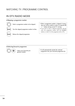 Page 3534
WATCHING TV /PROGRAMME CONTROL
ASkipping a programme number
Select a programme number to be skipped.
2
BLUE BLUETurn the skipped programme number to blue.
3
BLUE BLUERelease the skipped programme. 
1• When a programme number is skipped, it means
that you will be unable to select it using the PR
+ / -button during normal TV viewing. 
• If  you  wish  to  select  a  skipped  programme,  directly
enter  the  programme  number  with  the  NUMBER
buttons or select it in the programme edit or EPG....