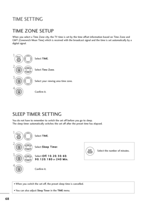 Page 6968
TIME SETTING
You do not have to remember to switch the set off before you go to sleep.
The sleep timer automatically switches the set off after the preset time has elapsed.
SLEEP TIMER SETTING
When you select a Time Zone city, the TV time is set by the time offset information based on Time Zone and
GMT (Greenwich Mean Time) which is received with the broadcast signal and the time is set automatically by a
digital signal.
TIME ZONE SETUP
Select TIME.
2
Select Time Zone.
1
3
Select your viewing area...