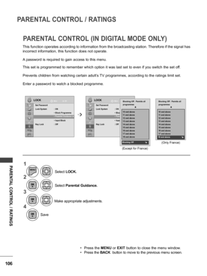 Page 106106
PARENTAL CONTROL / RATINGS
PARENTAL CONTROL / RATINGS
This function operates according to information from the broadcasting station. Therefore if the signal has 
incorrect information, this function does not operate.
A password is required to gain access to this menu.
This set is programmed to remember which option it was last set to even if you switch the set off.
Prevents children from watching certain adult’s TV programmes, according to the ratings limit set.
Enter a password to watch a blocked...