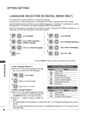 Page 9696
OPTION SETTING
OPTION  SETTIN
The Audio function allows selection of a preferred language.
If audio data in a selected language is not broadcast, the default language audio will be played.
Use the Subtitle function when two or more subtitle languages are broadcast. If subtitle data in a select-
ed language is not broadcast, the default language subtitle will be displayed.
When  the  languages  you  selected  as  the  primary  for Audio  Language  and  Subtitle  Language  are  not 
supported, you can...