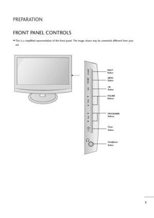 Page 21
PREPARATION
FRONT PANEL CONTROLS
This is a simplified representation of the front panel. The image shown may be somewhat different from your
set.
INPUT
MENUVOL
PR
OK
PROGRAMME
Buttons VOLUME
ButtonsMENU
Button
OK
Button INPUT
Button
Power
Button
Headphone
Button
:ownloadedhfromh]anual]onitor-comh]anuals 