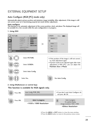 Page 2423
EXTERNAL EQUIPMENT SETUP
1
Automatically adjusts picture position and minimizes image instability. After adjustment, if the image is still
not correct, your set is functioning properly but needs further adjustment.
A Au
ut
to
o 
 c
co
on
nf
fi
ig
gu
ur
re
e
This function is for automatic adjustment of the screen position, clock, and phase The displayed image will
be unstable for a few seconds while the auto configuration is in progress.
Auto Configure (RGB [PC] mode only)
• Press the MENUor EXITbutton...