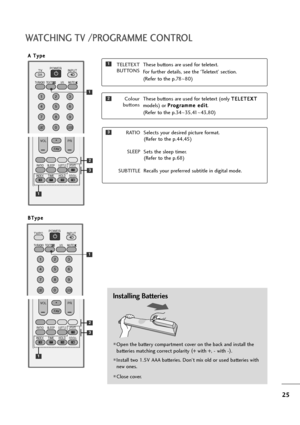 Page 2625
WATCHING TV /PROGRAMME CONTROL
Installing Batteries
Open the battery compartment cover on the back and install the
batteries matching correct polarity (
+ with +, - with -)
.
Install two 1.5V AAA batteries. Don’t mix old or used batteries with
new ones.
Close cover.
123
456
789
0
Q.VIEWLIST
TV INPUTD/A
POWER
I/IIMUTETEXTTV/RADIO
RATIO
VOL PR
INDEX
SLEEP
HOLDREVEAL
SUBTITLEUPDATE
FAV
TIME
*
?
Colour 
buttonsThese buttons are used for teletext (only T TE
EL
LE
ET
TE
EX
XT
T
models) or P Pr
ro
og
gr...