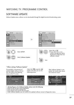 Page 3837
WATCHING TV /PROGRAMME CONTROL
Software Update means software can be downloaded through the digital terrestrial broadcasting system.
SOFTWARE UPDATE
* When setting “Software Update”
- During Progress of a Software Update, please note the following:
• Power to the set must not be interrupted.
• The set must not be switched off. 
• The antenna must not be disconnected. 
• After Software Update, you can confirm the updated software version in Diagnostics menu.
Select SETUP.
2
Select Software Update....