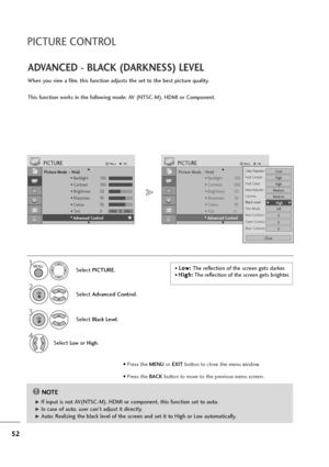 Page 5352
PICTURE CONTROL
ADVANCED - BLACK (DARKNESS) LEVEL
When you view a film, this function adjusts the set to the best picture quality.
This function works in the following mode: AV (NTSC-M), HDMI or Component.
Picture Mode  : Vivid
• Backlight 100
• Contrast 100
• Brightness 50
• Sharpness 70
• Colour 70
• Tint 0
• Advanced Control
PICTUREMoveOK
E D• 
Advanced Control
Select PICTURE.
2
Select Advanced Control.
3
Select Black Level.
4
Select Lowor High.
1
Picture Mode  : Vivid
• Backlight 100
• Contrast...