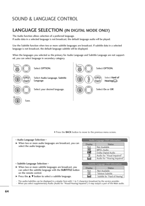 Page 6564
SOUND & LANGUAGE CONTROL
The Audio function allows selection of a preferred language.
If audio data in a selected language is not broadcast, the default language audio will be played.
Use the Subtitle function when two or more subtitle languages are broadcast. If subtitle data in a selected
language is not broadcast, the default language subtitle will be displayed.
When the languages you selected as the primary for Audio Language and Subtitle Language are not support-
ed, you can select language in...