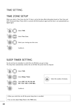Page 6968
TIME SETTING
You do not have to remember to switch the set off before you go to sleep.
The sleep timer automatically switches the set off after the preset time has elapsed.
SLEEP TIMER SETTING
When you select a Time Zone city, the TV time is set by the time offset information based on Time Zone and
GMT (Greenwich Mean Time) which is received with the broadcast signal and the time is set automatically by a
digital signal.
TIME ZONE SETUP
Select TIME.
2
Select Time Zone.
1
3
Select your viewing area...