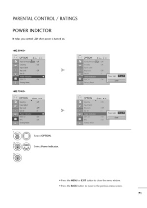 Page 7271
PARENTAL CONTROL / RATINGS
Country : UK
Input Label
Key Lock : Off
Set ID : 1
Power Indicatior
DDC CI : On
RT C :   O n
Factory Reset
OPTIONMoveOKD
Power Indicatior
Country : UK
Input Label
Key Lock : Off
Set ID : 1
Power Indicatior
DDC CI : On
RT C :   O n
Factory Reset
OPTIONMoveOKD
Power IndicatiorF F 
  
 on  G
G
Close
Power Light
Hard of Hearing(): Off
Country : UK
Input Label
Key Lock : Off
Set ID : 1
Power Indicatior
DDC CI : On
Factory Reset
OPTIONMoveOKD
Power Indicatior
It helps you control...