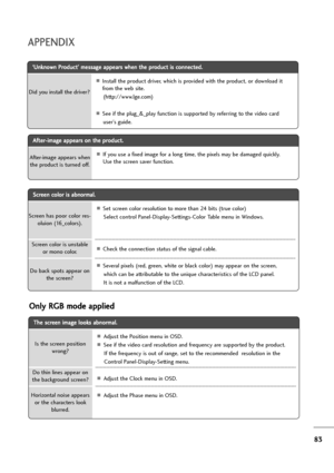 Page 8483
APPENDIX
‘ ‘U
Un
nk
kn
no
ow
wn
n 
 P
Pr
ro
od
du
uc
ct
t’
’ 
 m
me
es
ss
sa
ag
ge
e 
 a
ap
pp
pe
ea
ar
rs
s 
 w
wh
he
en
n 
 t
th
he
e 
 p
pr
ro
od
du
uc
ct
t 
 i
is
s 
 c
co
on
nn
ne
ec
ct
te
ed
d.
.
AInstall the product driver, which is provided with the product, or download it
from the web site.
(http://www.lge.com)
ASee if the plug_&_play function is supported by referring to the video card 
user’s guide. Did you install the driver?
T Th
he
e 
 s
sc
cr
re
ee
en
n 
 i
im
ma
ag
ge
e 
 l
lo
oo
ok...