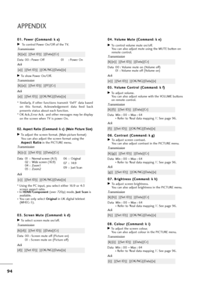 Page 9594
APPENDIX
0 08
8.
. 
 C
Co
ol
lo
ou
ur
r 
 (
(C
Co
om
mm
ma
an
nd
d:
: 
 k
k 
 i
i)
)
GTo adjust the screen colour.
You can also adjust colour in the PICTURE menu.
Transmission
Data Min : 00 ~Max : 64
* Refer to ‘Real data mapping 1’. See page 96.
[k][i][  ][Set ID][  ][Data][Cr]
Ack
[i][  ][Set ID][  ][OK/NG][Data][x] 0 04
4.
. 
 V
Vo
ol
lu
um
me
e 
 M
Mu
ut
te
e 
 (
(C
Co
om
mm
ma
an
nd
d:
: 
 k
k 
 e
e)
)
GTo control volume mute on/off.
You can also adjust mute using the MUTE button on
remote...