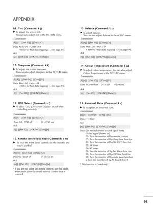 Page 9695
APPENDIX
1 12
2.
. 
 R
Re
em
mo
ot
te
e 
 c
co
on
nt
tr
ro
ol
l 
 l
lo
oc
ck
k 
 m
mo
od
de
e(
(C
Co
om
mm
ma
an
nd
d:
: 
 k
k 
 m
m)
)
GTo  lock  the  front  panel  controls  on  the  monitor  and
remote control.
Transmission
[k][m][  ][Set ID][  ][Data][Cr]
Ack
Data 00 : Lock off 01 : Lock on
* If you are not using the remote control, use this mode.
When main power is on/off, external control lock is
released.
[m][  ][Set ID][  ][OK/NG][Data][x] 1 11
1.
. 
 O
OS
SD
D 
 S
Se
el
le
ec
ct
t 
 (
(C
Co...
