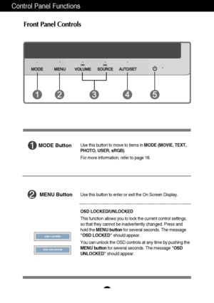 Page 1211
Control Panel Functions
Front Panel Controls
MENU ButtonUse this button to enter or exit the On Screen Display.
OSD LOCKED/UNLOCKED
This function allows you to lock the current control settings,
so that they cannot be inadvertently changed. Press and
hold the MENU buttonfor several seconds. The message
OSD LOCKEDshould appear.
You can unlock the OSD controls at any time by pushing the
MENU buttonfor several seconds. The message OSD
UNLOCKEDshould appear.
MODE ButtonUse this button to move to items in...