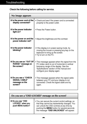 Page 2322
Troubleshooting
No image appears
Check the following before calling for service.
No image appears
Do you see a OSD LOCKED message on the screen?
Is the power cord of the
display connected?
Is the power indicator
light on?
Is the power on and the
power indicator red?
Is the power indicator
blinking?
Do you see an OUT OF
RANGE message on
the screen?
Do you see a CHECK
SIGNAL CABLE
message on the
screen?• Check and see if the power cord is connected
properly to the power outlet.
• Press the Power...