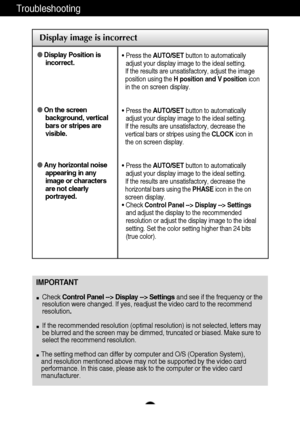 Page 2423
Troubleshooting
Display image is incorrect
Display Position is
incorrect.
On the screen
background, vertical
bars or stripes are
visible.
Any horizontal noise
appearing in any
image or characters
are not clearly
portrayed.• Press the AUTO/SETbutton to automatically
adjust your display image to the ideal setting. 
If the results are unsatisfactory, adjust the image
position using the H position and V positionicon
in the on screen display.
• Press the AUTO/SETbutton to automatically
adjust your...