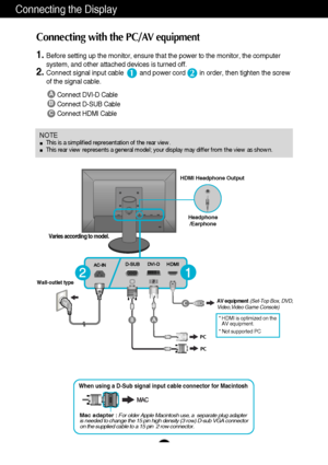 Page 10Connecting the Display
9
A
B
Connect DVI-D Cable
Connect D-SUB Cable 
Connect HDMI Cable 
1.Before setting up the monitor, ensure that the power to the monitor, the computer
system, and other attached devices is turned off.  
2.Connect signal input cable         and power cord        in order, then tighten the screw
of the signal cable. 
Connecting with the PC/AV equipment
12
AC-IN D-SUB DVI-DHDMI
PC
PC
AB
C
Wall-outlet type
Varies according to model.
NOTEThis is a simplified representation of the rear...