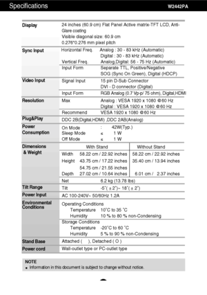 Page 23A22A22
Specifications                                                W2442PA
Display
Sync Input
Video Input
Resolution
Plug&Play
Power
Consumption
Dimensions& Weight
Tilt Range
Power Input
Environmental
Conditions
Stand Base 
Power cord 24 inches (60.9 cm) Flat Panel Active matrix-TFT LCD, Anti-
Glare coating
Visible diagonal size: 60.9 cm
0.276*0.276 mm pixel pitch
Horizontal Freq. Analog : 30 - 83 kHz (Automatic) Digital : 30 - 83 kHz (Automatic)
Vertical Freq. Analog,Digital: 56 - 75 Hz (Automatic)...