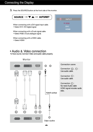 Page 9A8
Connecting the Display
3.Press the SOURCEbutton at the front side of the monitor.
When connecting with a DVI signal input cable.
• Select D V I: DVI digital signal.
When connecting with a D-sub signal cable.
• Select RGB: D-sub analogue signal.
When connecting with a HDMI cable.
• Select HDMI
RGB
DVI INPUT
HDMI
• Audio & V ideo connectionTo hear sound, Connect Video and audio cable properly.
2134
Kabelli audioje
Moritor
Dalje e audios
Connection scene
Connection ,         :
Use audio cable.
Connection...