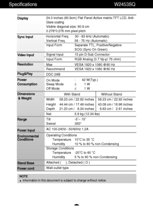 Page 24A23
Specifications                                                             W2453SQ
Display
Sync Input
Video Input
Resolution
Plug&Play
Power
Consumption
Dimensions
& Weight
Range
Power Input
Environmental
Conditions
Stand Base 
Power cord 24.0 inches (60.9cm) Flat Panel Active matrix-TFT LCD, Anti-
Glare coating
Visible diagonal size: 60.9 cm
0.276*0.276 mm pixel pitch
Horizontal Freq. 30 - 83 kHz (Automatic)
Vertical Freq. 56 - 75 Hz (Automatic)
Input Form Separate TTL, Positive/Negative
SOG (Sync...