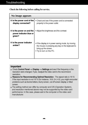 Page 11A10
Troubleshooting
No image appears
Check the following before calling for service.
No image appears
Is the power cord of the
display connected?
Is the power on and the
power indicator blue or
green?
Is the power indicator
amber?• Check and see if the power cord is connected
properly to the power outlet.
• Adjust the brightness and the contrast.
• If the display is in power saving mode, try moving
the mouse or pressing any key on the keyboard to
bring up the screen.
• Try to turn on the PC....