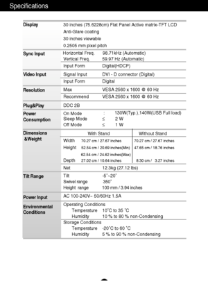 Page 13A12
Specifications        
Display
Sync Input
Video Input
Resolution
Plug&Play
Power
Consumption
Dimensions
&Weight
Tilt Range
Power Input
Environmental
Conditions30 inches (75.6228cm) Flat Panel Active matrix-TFT LCD 
Anti-Glare coating 
30 inches viewable
0.2505 mm pixel pitch
Horizontal Freq. 98.71kHz (Automatic)
Vertical Freq. 59.97 Hz (Automatic)
Input Form Digital(HDCP)
Signal Input DVI - D connector (Digital)
Input Form Digital
M ax VESA 2560 x 1600 @ 60 Hz
Recommend VESA 2560 x 1600 @ 60 Hz
DDC...