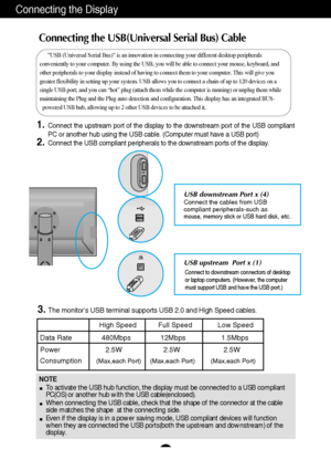 Page 8Connecting the Display
A7
Connecting the USB(Universal Serial Bus) Cable 
1.Connect the upstream port of the display to the downstream port of the USB compliant
PC or another hub using the USB cable. (Computer must have a USB port)
2.Connect the USB compliant peripherals to the downstream ports of the display.
NOTE
To activate the USB hub function, the display must be connected to a USB compliant
PC(OS) or another hub with the USB cable(enclosed).
When connecting the USB cable, check that the shape of...