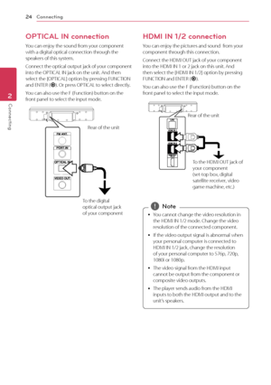Page 24Connecting
24
Connecting2
OPTICAL IN connection
You can enjoy the sound from your component 
with a digital optical connection through the 
speakers of this system.
Connect the optical output jack of your component 
into the OPTICAL IN jack on the unit. And then 
select the [OPTICAL] option by pressing FUNCTION 
and ENTER (
b). Or press OPTICAL to select directly.
You can also use the F (Function) button on the 
front panel to select the input mode.
To the digital 
optical output jack 
of your component...