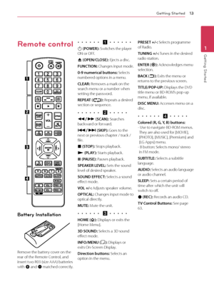 Page 13Getting Started13
Getting Started1Remote control
Battery Installation
Remove the battery cover on the rear of the Remote Control, and insert two R03 (size AAA) batteries with 4 and 5 matched correctly.
•  •  •  •  •  •  a •  •  •  •  •  •
1 (POWER): Switches the player ON or OFF.
B (OPEN/CLOSE): Ejects a disc.
FUNCTION: Changes input mode.
0-9 numerical buttons: Selects numbered options in a menu.
CLEAR: Removes a mark on the search menu or a number when setting the password.
REPEAT (h): Repeats a...