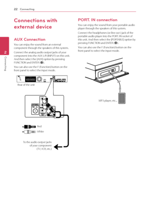 Page 2222
Connecting2
Connecting
Connections with 
external device
AUX Connection
You can enjoy the sound from an external component through the speakers of this system.
Connect the analog audio output jacks of your component into the AUX L/R (INPUT ) on this unit. And then select the [AUX] option by pressing FUNCTION and ENTER (b).
You can also use the F (Function) button on the front panel to select the input mode.
To the audio output jacks of your component  ( TV, VCR, etc.)
Rear of the unit
Red
White
PORT....