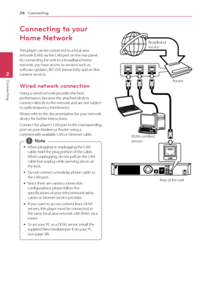 Page 24Connecting
24
Connecting2
Connecting to your 
Home Network
This player can be connected to a local area 
network (LAN) via the LAN port on the rear panel. 
By connecting the unit to a broadband home 
network, you have access to services such as 
software updates, BD-LIVE interactivity and on-line 
content services.
Wired network connection
Using a wired network provides the best 
performance, because the attached devices 
connect directly to the network and are not subject 
to radio frequency...