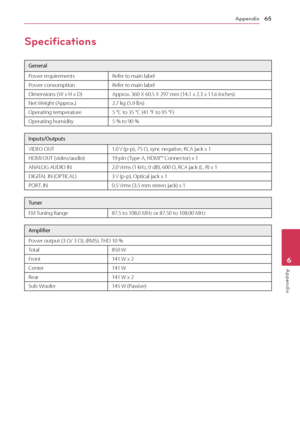 Page 65Appendix65
Appendix6
Specifications
General
Power requirements Refer to main label
Power consumption Refer to main label
Dimensions ( W x H x D) Approx. 360 X 60.5 X 297 mm (14.1 x 2.3 x 11.6 inches)
Net Weight (Approx.) 2.7 kg (5.9 lbs)
Operating temperature 5 °C to 35 °C (41 °F to 95 °F)
Operating humidity 5 % to 90 %
Inputs/Outputs
VIDEO OUT1.0 V (p-p), 75 Ω, sync negative, RCA jack x 1
HDMI OUT (video/audio) 19 pin ( Type A, HDMI™ Connector) x 1
ANALOG AUDIO IN 2.0 Vrms (1 kHz, 0 dB), 600 Ω, RCA jack...