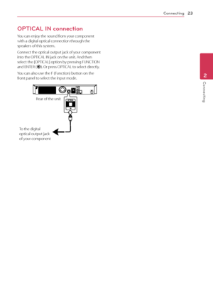 Page 23Connecting23
Connecting2
OPTICAL IN connection
You can enjoy the sound from your component 
with a digital optical connection through the 
speakers of this system.
Connect the optical output jack of your component 
into the OPTICAL IN jack on the unit. And then 
select the [OPTICAL] option by pressing FUNCTION 
and ENTER (
b). Or press OPTICAL to select directly.
You can also use the F (Function) button on the 
front panel to select the input mode.
To the digital 
optical output jack 
of your component...