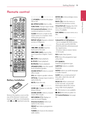 Page 13Getting Started13
Getting Started1
Battery Installation
Remove the battery cover on the rear of the Remote Control, and insert two R03 (size AAA) batteries with 4 and 5 matched correctly.
•  •  •  •  •  •  a •  •  •  •  •  •
1 (POWER): Switches the player ON or OFF.
B (OPEN/CLOSE): Ejects a disc.
FUNCTION: Changes input mode.
0-9 numerical buttons: Selects numbered options in a menu.
CLEAR: Removes a mark on the search menu or a number when setting the password.
REPEAT (h): Repeats a desired section or...