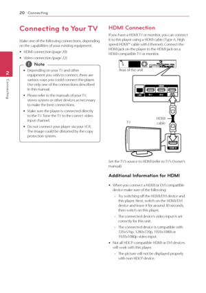 Page 20Connecting20
Connecting2
Connecting  to Your TV
Make one of the following connections, depending on the capabilities of your existing equipment.
 yHDMI connection (page 20)
 yVideo connection (page 22)
 
y Depending on your TV and other 
equipment you wish to connect, there are 
various ways you could connect the player. 
Use only one of the connections described 
in this manual.
 
y Please refer to the manuals of your TV, 
stereo system or other devices as necessary 
to make the best connections.
 
y...