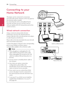 Page 26Connecting26
Connecting2
Connecting to your 
Home Network
This player can be connected to a local area network (LAN) via the LAN port on the rear panel or the internal wireless module.  By connecting the unit to a broadband home network, you have access to services such as software updates, BD-LIVE interactivity and on-line content services.
Wired network connection
Using a wired network provides the best performance, because the attached devices connect directly to the network and are not subject to...