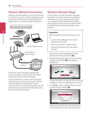 Page 28Connecting28
Connecting2
Wireless Network Connection
Another connection option is to use an Access Point or a wireless router. The network configuration and connection method may vary depending on the equipment in use and the network environment.
Wireless 
Communication
DLNA certified servers
Access Point or  
Wireless Router
Broadband  
service
Refer to the setup instructions supplied with your access point or wireless router for detailed connection steps and network settings.
For best performance, a...