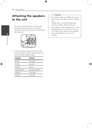 Page 122 Connecting
12
Connecting2
Connecting
Attaching the speakers 
to the unit
1. To connect the cable to the unit, press each 
plastic finger pad to open the connection 
terminals on the unit. Insert the wire and release 
the finger pad. 
2. Connect the black stripe of each wire to the 
terminals marked - (minus) and the other end 
to the terminals marked + (plus).  
Speaker Position
REAR R Rear right
REAR L Rear left
CENTER Center
SUB WOOFER Any front position
FRONT R Front right
FRONT L Front left  
y Be...