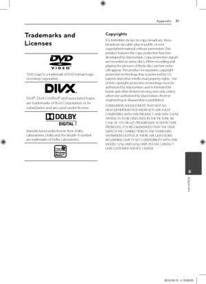 Page 31Appendix31
Appendix6
Trademarks and 
Li\benses
“DVD	\bogo”	is	a	trademark	of	DVD	Format/\bogo	\bicensing	Corporation.
DivX®,	DivX	Certified®	and	associated	logos	
are	trademarks	of	Rovi	Corporation	or	its	
subsidiaries	and	are	used	under	license.
Manufactured	under	license	from	Dolby	\baboratories.	Dolby	and	the	double-D	symbol	are	trademarks	of	Dolby	\baboratories.
Copyrights
It	is	forbidden	by	law	to	copy,	broadcast,	show,	broadcast	via	cable,	play	in	public,	or	rent	copyrighted	material	without...
