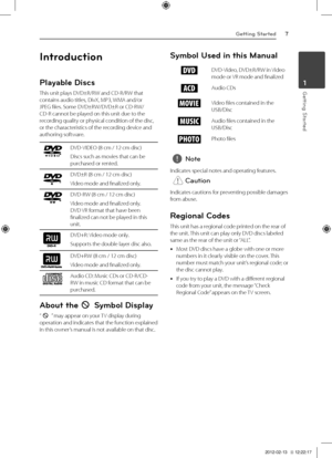 Page 7Getting Started7
Getting St\frted1
Introdu\btion
P\fayab\fe Dis\bs
This	unit	plays	DVD±R/RW	and	CD-R/RW	that	contains	audio	titles,	DivX,	MP3,	WMA	and/or	JPEG	files.	Some	DVD±RW/DVD±R	or	CD-RW/CD-R	cannot	be	played	on	this	unit	due	to	the	recording	quality	or	physical	condition	of	the	disc,	or	the	characteristics	of	the	recording	device	and	authoring	software.
DVD-VIDEO	(8	cm	/	12	cm	disc)
Discs	such	as	movies	that	can	be	purchased	or	rented.
DVD±R	(8	cm	/	12	cm	disc)
Video	mode	and	finalized	only....