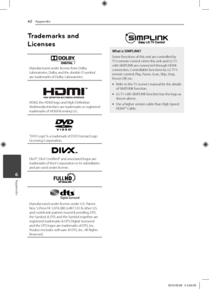 Page 42Appendix\b2
Appendix6
Trademarks and 
Licenses
Manufactured	under	license	from	Dolby	\baboratories.	Dolby	and	the	double-D	symbol	are	trademarks	of	Dolby	\baboratories.
\fDMI,	the	\fDMI	logo	and	\figh-Definition	Multimedia	Interface 	are 	trademarks 	or 	registered	trademarks	of	\fDMI	licensing	\b\bC.
“DVD	\bogo” 	is	a	trademark	of	DVD	Format/\bogo	\bicensing	Corporation.
DivX®,	DivX	Certified®	and	associated	logos	are	trademarks	of	Rovi	Corporation	or	its	subsidiaries	and	are	used	under	license....