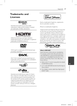 Page 47Appendix47
Appendix6
Trademarks and 
Licenses
Manufactured under license from Dolby Laboratories. Dolby and the double-D symbol are trademarks of Dolby Laboratories.
HDMI, the HDMI logo and High-Definition Multimedia Interface are trademarks or registered trademarks of HDMI licensing LLC.
“DVD Logo” is a trademark of DVD Format/Logo Licensing Corporation.
DivX®, DivX Certified® and associated logos are trademarks of Rovi Corporation or its subsidiaries and are used under license.  
Manufactured under...