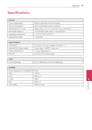 Page 75Appendix75
Appendix6
Specifications
General
Power requirements Refer to main label on the rear panel.
Power consumption Refer to main label on the rear panel.
Dimensions ( W x H x D) Approx. 495 x 211 x 72.5 mm (19.5 x 8.3 x 2.9 inches) 
Net Weight (Approx.) 4.1 kg (9.0 lbs) ( With stand : 4.7 kg (10.4 lbs))
Operating temperature 5 °C to 35 °C (41 °F to 95 °F)
Operating humidity 5 % to 90 %
Inputs/Outputs
COMPOSITE1.0 V (p-p), 75 Ω, sync negative, RCA jack x 1
HDMI IN/OUT (video/audio) 19 pin ( Type A,...