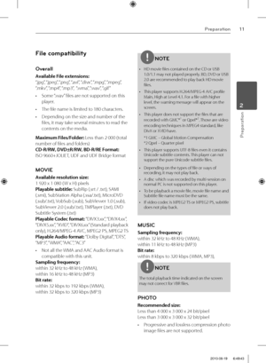 Page 1111Preparation
Preparation
2
File compatibility
Overall
Available File extensions: 
“.jpg”, “.jpeg”, “.png”, “.avi”, “.divx”, “.mpg”, “.mpeg”, 
“.mkv”, “.mp4”, “.mp3”,   “.wma”, “.wav”, “.gif ”
•  Some “.wav” fi les are not supported on this 
player.
•  The fi le name is limited to 180 characters.
•  Depending on the size and number of the 
fi les, it may take several minutes to read the 
contents on the media.
Maximum Files/Folder: Less than 2 000 (total 
number of fi les and folders)
CD-R/RW, DVD±R/RW,...